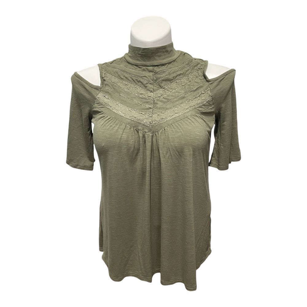 LINDA MATTHEWS COLD SHOULDER SHORT SLEEVE TOP OLIVE‎ GREEN M